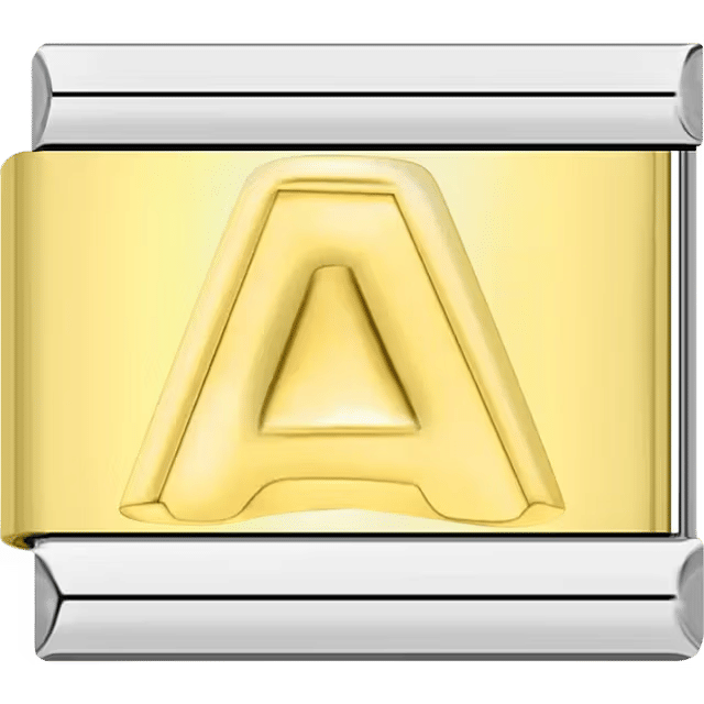 Gold Italian charm link with a raised letter "A" on a polished gold surface and silver edges.